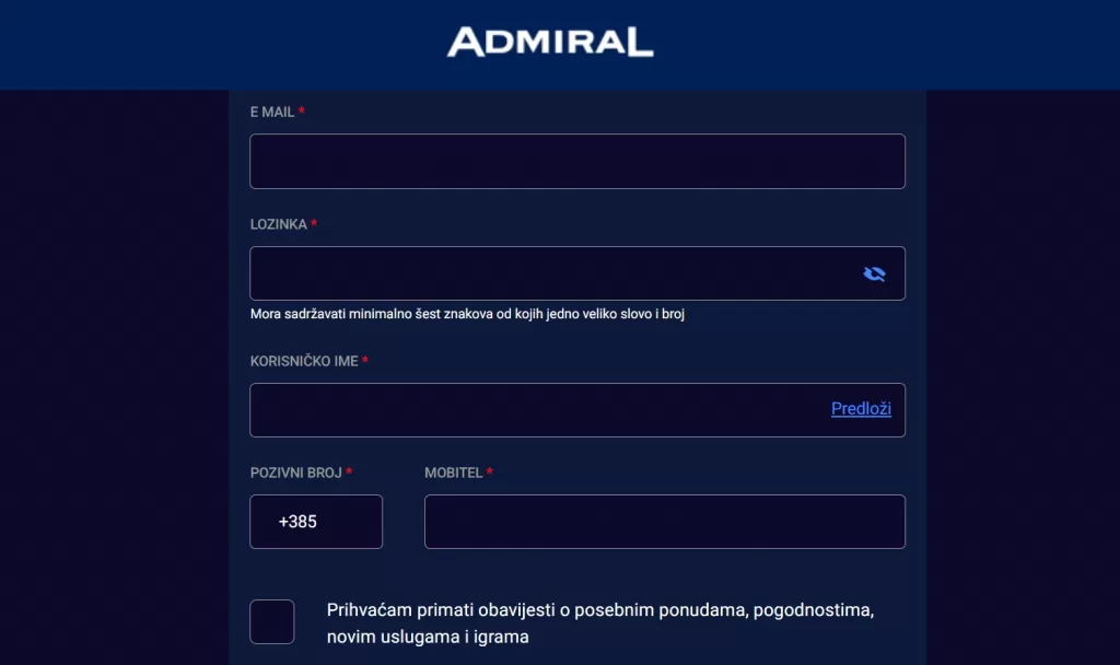 Admiral registracija